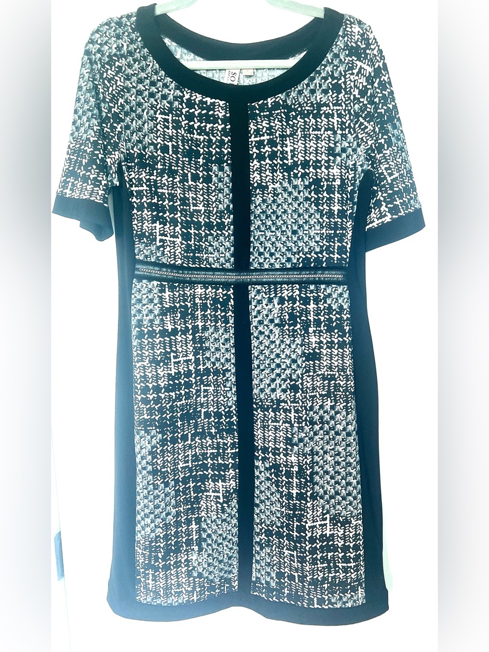 Soho Apparel Black White Tweed Print Panel Optical Illusion Dress Medium